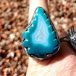 New Amazing Carved Agate Druzy 925 Silver Statement Ring.